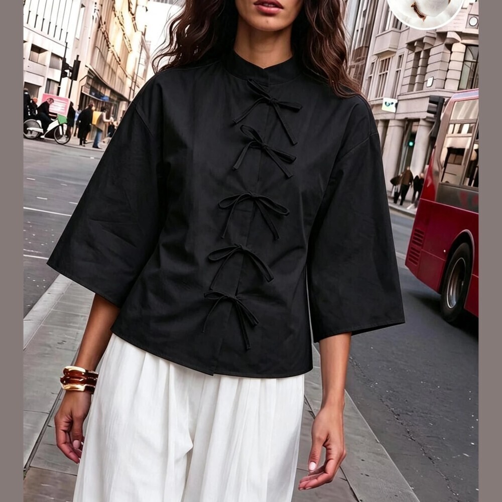 Black Cotton Bow Tie Front Stand Collar Loose Blouse
